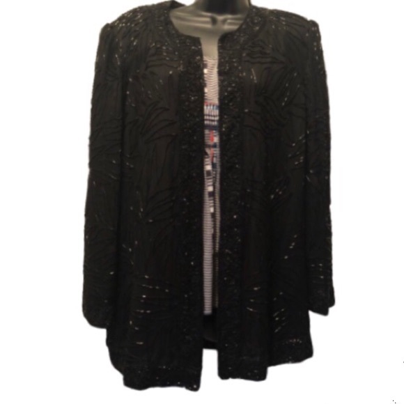 Vintage Black Beaded Silk Jacket  Brilliant by J.A. Size Extra Large XL - Picture 2 of 8